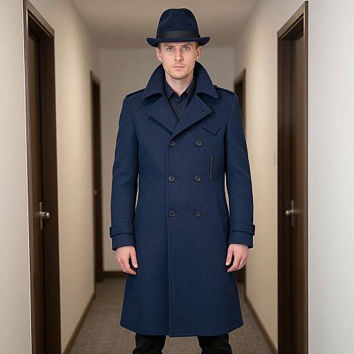 Photograph of a tall, white man in a black overcoat, black hat, and black shirt standing in a white hallway.