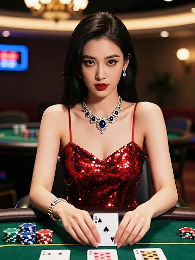 Photorealistic digital image of an Asian woman with long black hair, red sequin dress, and diamond necklace, playing poker at a casino table,