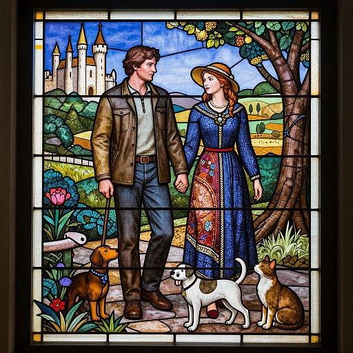 Stained Glass Couple with Pets
