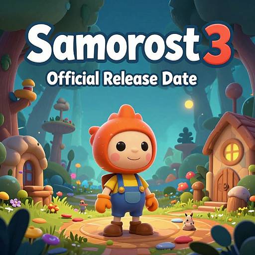 Digital cartoon image of a smiling, orange-haired character in yellow shirt and blue overalls, standing in a vibrant, whimsical forest at night, with