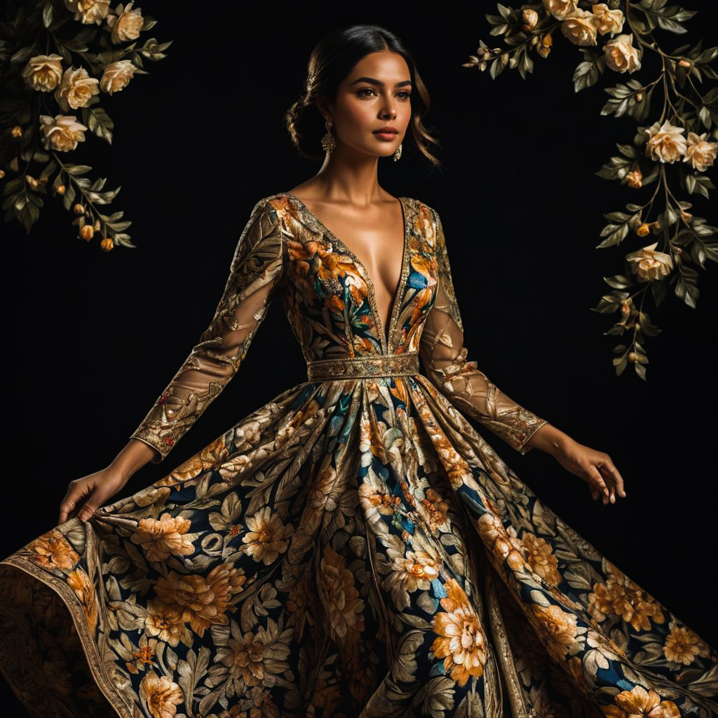 Elegant Mediterranean Woman in Floral Gown