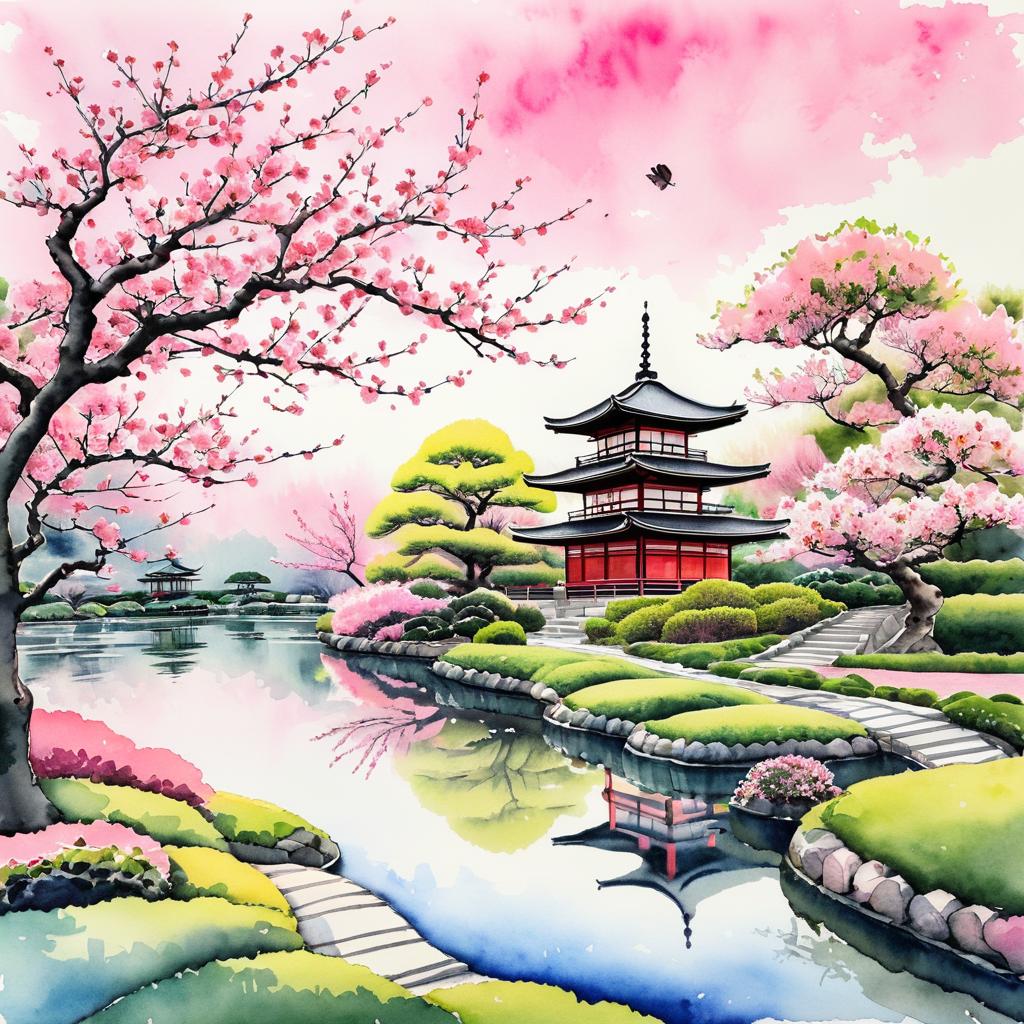 Serene Japanese Cherry Blossom Garden Scene