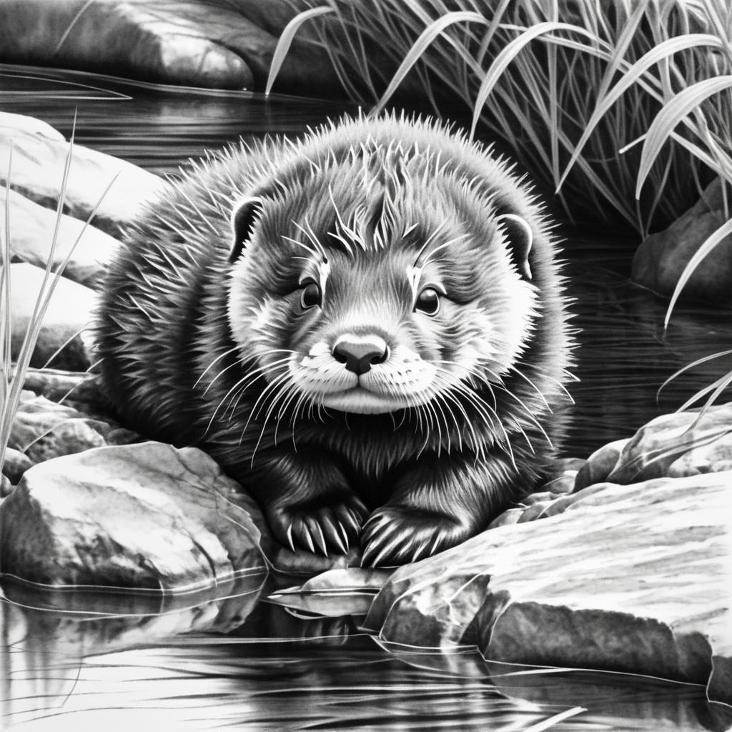 Detailed Pencil Sketch of Baby Otter