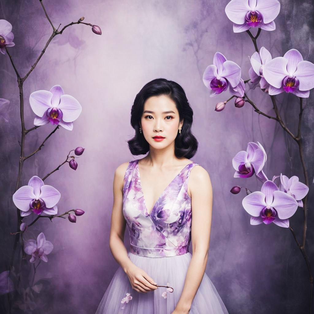 Playful Actress in Misty Orchid Background