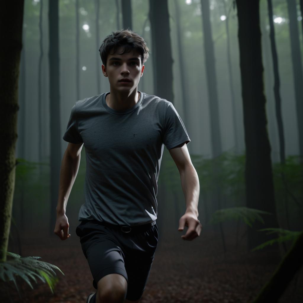 Anxious Runner in Creepy Forest Scene