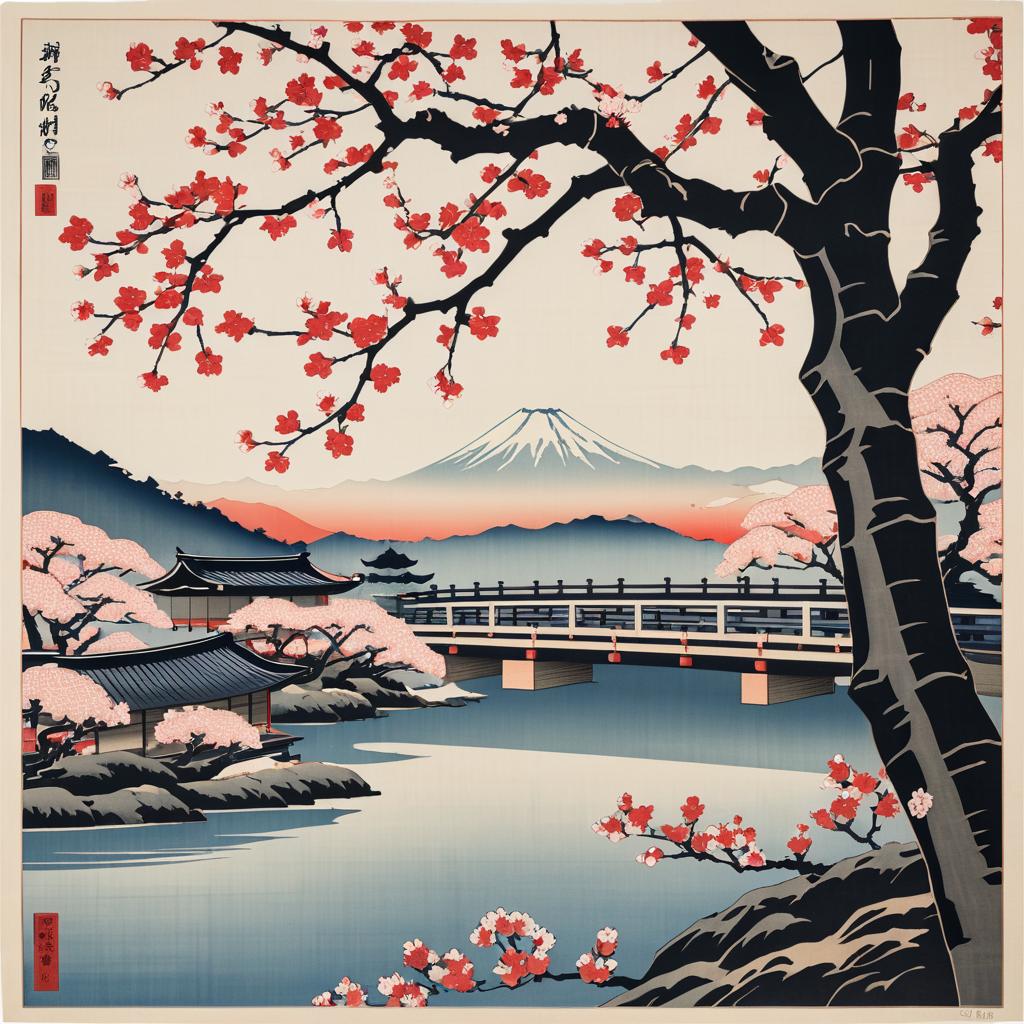 Ukiyo-e Cherry Blossom Woodblock Print