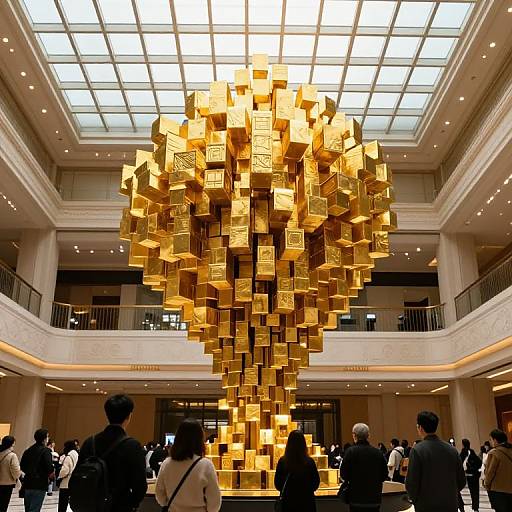 Photograph of a modern art installation in a grand, sunlit atrium. The sculpture is a dense cluster of gold, cube-like blocks hanging from