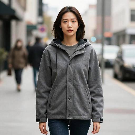 Woman in Hooded Shacket on Street