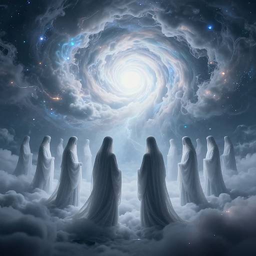 Digital painting of ethereal, white-robed figures with flowing garments, standing before a radiant, glowing white vortex in a starry, cloudy sky.