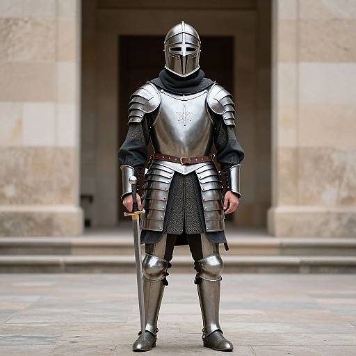 Photograph of a knight in full medieval armor, including helmet, breastplate, and greaves, standing with a sword in front of a stone building