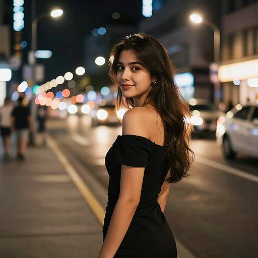 Photograph of a young woman with long dark hair, wearing an off-shoulder black dress, smiling on a brightly lit urban street at night,