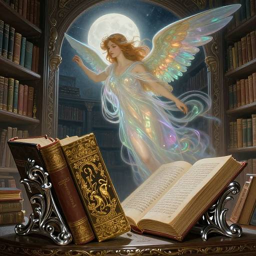 Digital art of a radiant, winged angel with iridescent wings, floating above open, ornate books in a moonlit library.