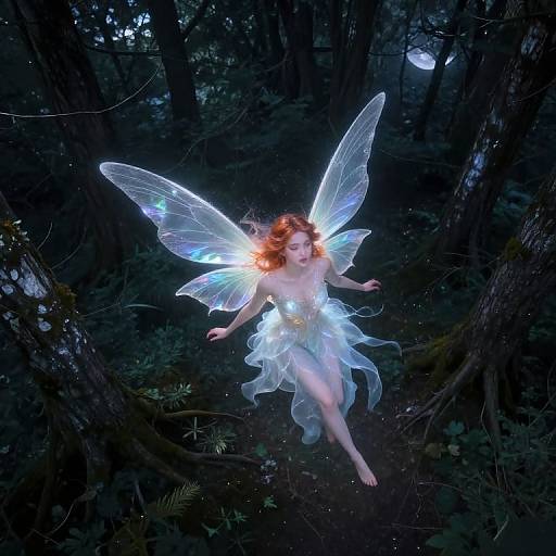 Photograph of a fair-skinned, red-haired fairy with glowing blue wings, translucent dress, floating in a dark, moonlit forest.