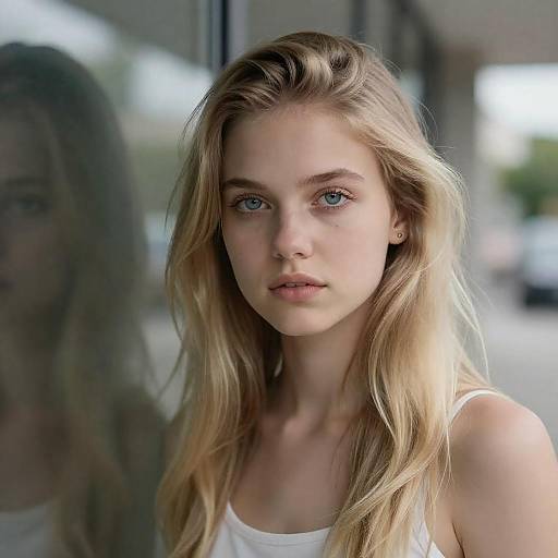 Young Woman by Reflective Glass Surface