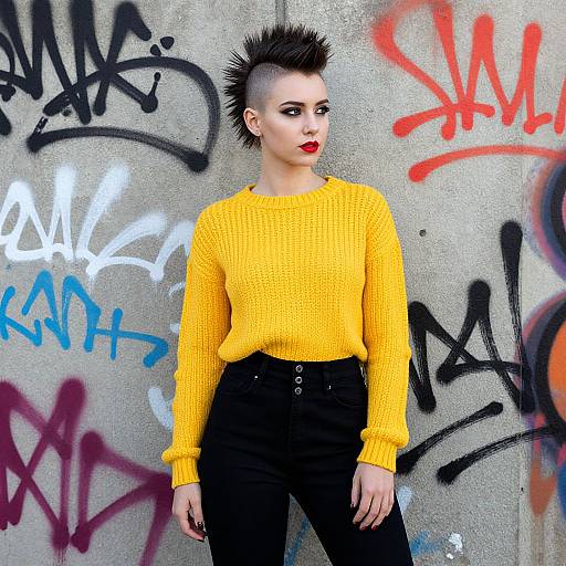 Photograph-style CGI of a punk woman with a mohawk, red lipstick, yellow sweater, black pants, standing against a graffiti-covered wall.
