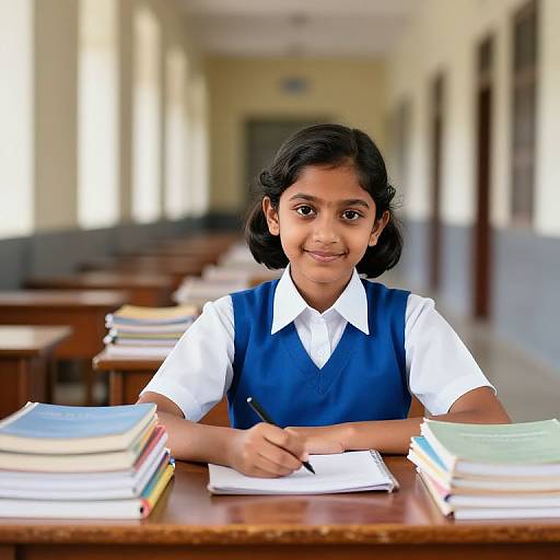 Photograph of a smiling young Indian girl with black hair, wearing a white shirt and blue vest, seated in a sunlit classroom, stacks of colorful