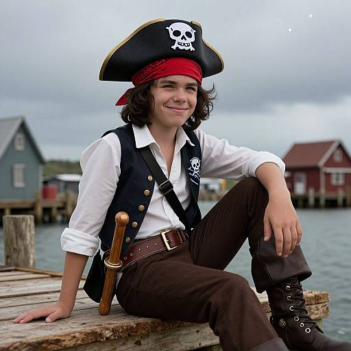Photograph of a young boy with wavy black hair, dressed as a pirate, sitting on a wooden dock, wearing a black tricorn hat,