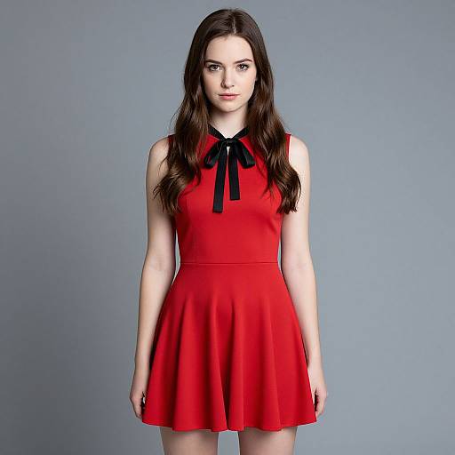 Photograph of a young woman with long brown hair, wearing a sleeveless red dress with a black ribbon tie, standing against a plain gray background.