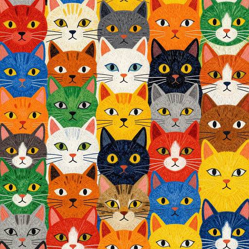 Vibrant digital illustration of 25 colorful cats with yellow eyes, arranged in a tight, symmetrical grid, showcasing various fur colors and patterns.