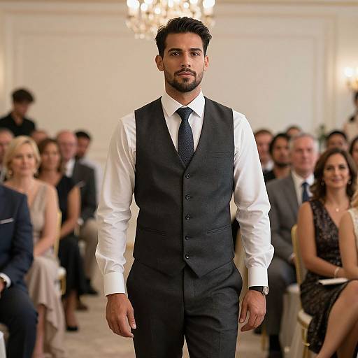 Photograph of a handsome, dark-haired male model in a black vest, white shirt, and black tie, walking a fashion show runway in a bright