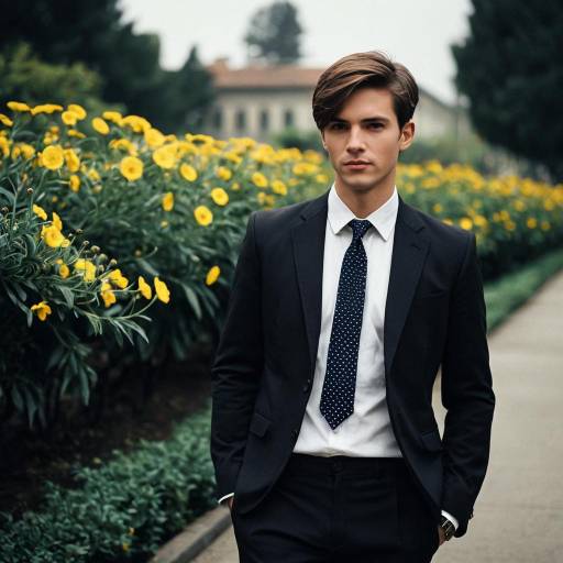 Young Man in Formal Suit Near Yellow Flowers