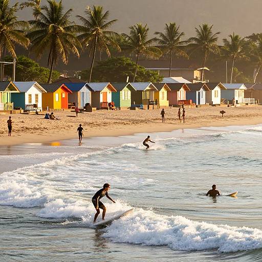 Photograph of a sunset beach with colorful beach huts, palm trees, surfers riding waves, and people walking along the shore.