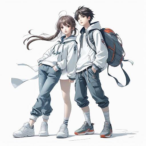 Digital anime-style drawing of a brown-haired girl and black-haired boy, both wearing white hoodies, blue pants, white sneakers, and backpacks,