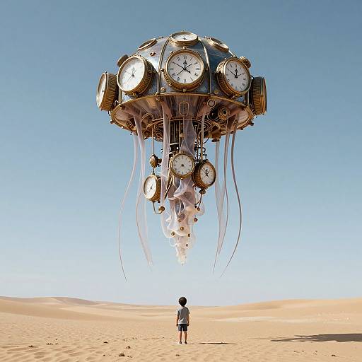 A digital art image of a lone child standing in a desert, looking up at a giant floating clock sculpture with multiple clocks and dangling ribbons against a