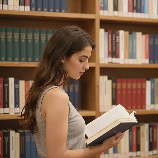 Woman Reading in Front of Bookshelf
