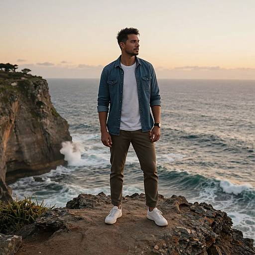 Photograph of a young man with short, curly hair, wearing a denim shirt, white t-shirt, brown pants, and white sneakers, standing on
