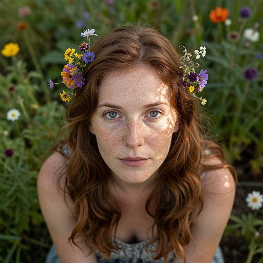Photograph of a freckled, fair-skinned woman with long auburn hair, wearing a flower crown, standing in a colorful garden,
