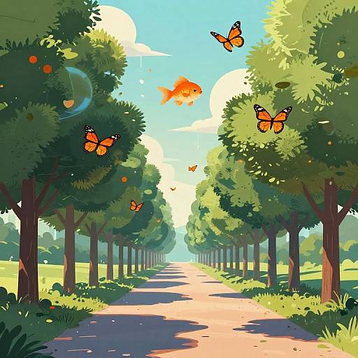 Digital illustration of a sunlit path lined with green trees, vibrant orange butterflies, and a goldfish in a bright blue sky.