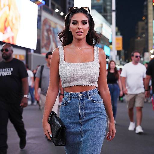 Photograph of a confident woman with long dark hair, wearing a white textured crop top and high-waisted blue denim skirt, holding a black clutch