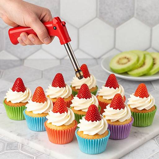 Photograph of a hand using a red frosting knife to top cupcakes with whipped cream and strawberries, colorful wrappers, and a plate of sliced avocado in the