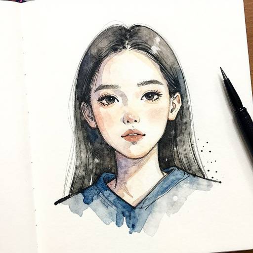Watercolor-style digital portrait of an Asian woman with long black hair, fair skin, and gentle expression, wearing a blue hoodie.