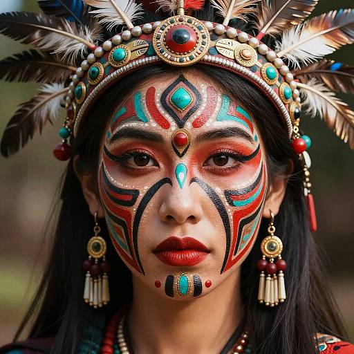 Photograph of a young woman with Native American-inspired face paint, adorned in a detailed feathered headpiece, colorful beads, and red lipstick.