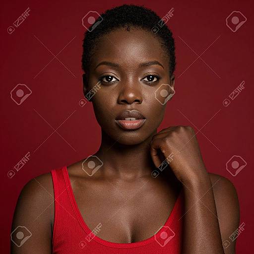 Photograph of a serious, dark-skinned woman with short curly hair, wearing a red tank top, against a solid red background. Her right hand