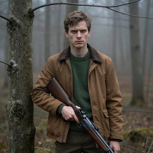 Intense Man in Foggy Forest Scene