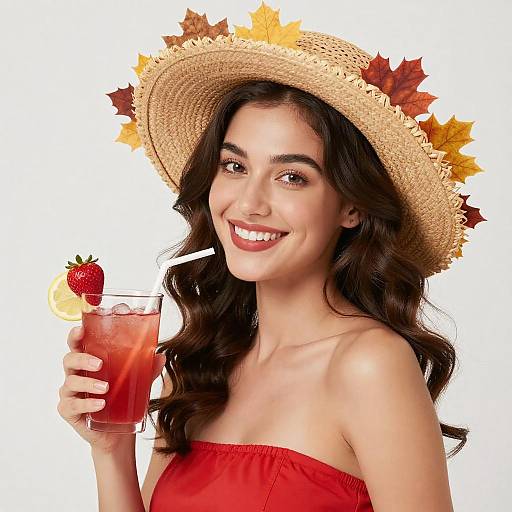 Smiling Brunette with Autumn Straw Hat
