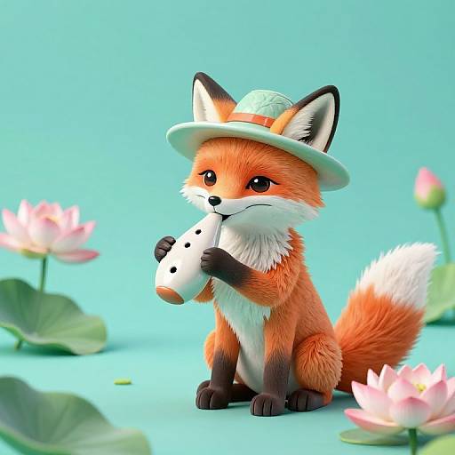 Cute digital illustration of an orange fox with a white belly and black paws, wearing a green hat, hugging a white duck toy. Background