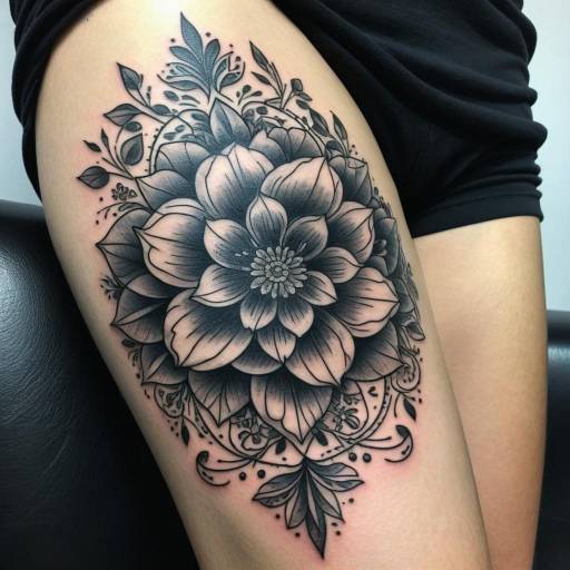 Black and Grey Floral Thigh Tattoo