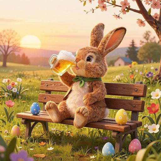 Photorealistic CGI of a cute, brown bunny with a green collar, sipping beer on a wooden bench in a colorful, blooming meadow