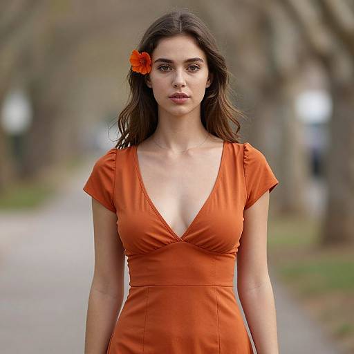 Realistic Girl in Burnt Orange Dress