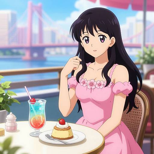 Anime-style digital drawing of a black-haired girl in a pink dress, sitting at a riverside café, holding a dessert plate with a cherry-topped