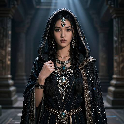Photorealistic digital artwork of a beautiful, dark-haired woman in a sparkly black hooded robe, adorned with intricate turquoise jewelry, standing in a