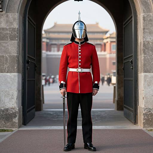 Photograph of a British Guardsman in a red uniform, black pants, white belt, and silver helmet, standing in an archway holding a sword