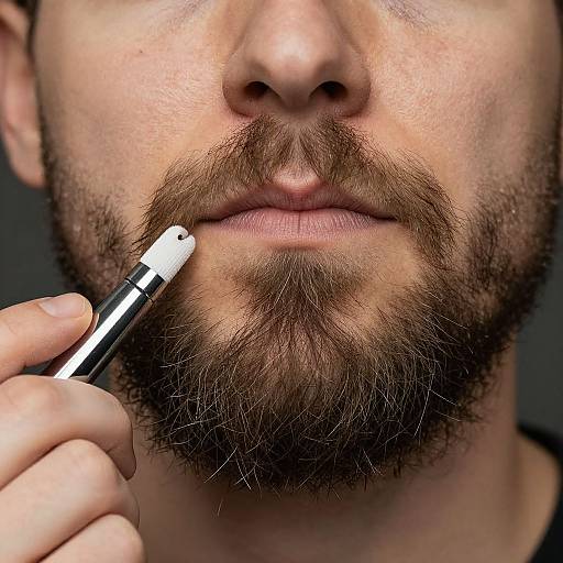 Close-up photograph of a bearded man with fair skin, holding a white-tipped razor to his chin, shaving his beard.