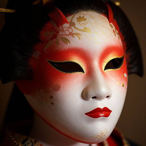 Photograph of a traditional Japanese white mask with red and gold floral designs, black eyeliner, and red lips, illuminated against a dark background.