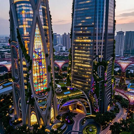 Photograph of futuristic cityscape at dusk, featuring a towering building with a vibrant stained-glass window, illuminated skyscrapers, and colorful, tree