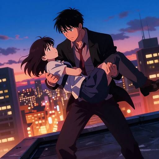 Anime-style digital illustration of a tall, black-haired man in a suit carrying a short-haired girl in a school uniform on a rooftop at sunset, city